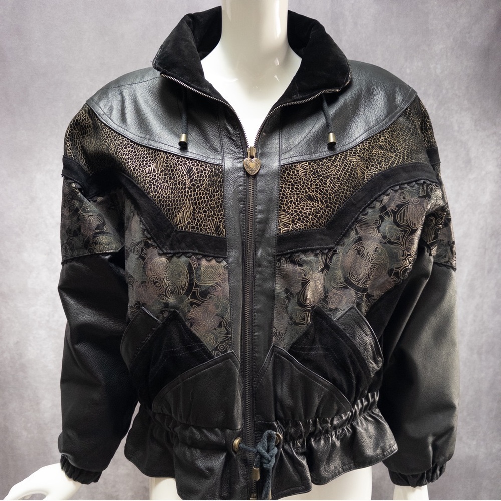Sold‎ Vintage Jacqueline Ferrar Black Patchwork Leather & Suede Bomber Jacket
